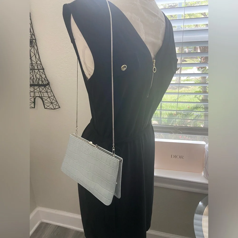 Giani Bernini Elegant Gray Blue Leather Clutch Shoulder Purse Silver Hardware